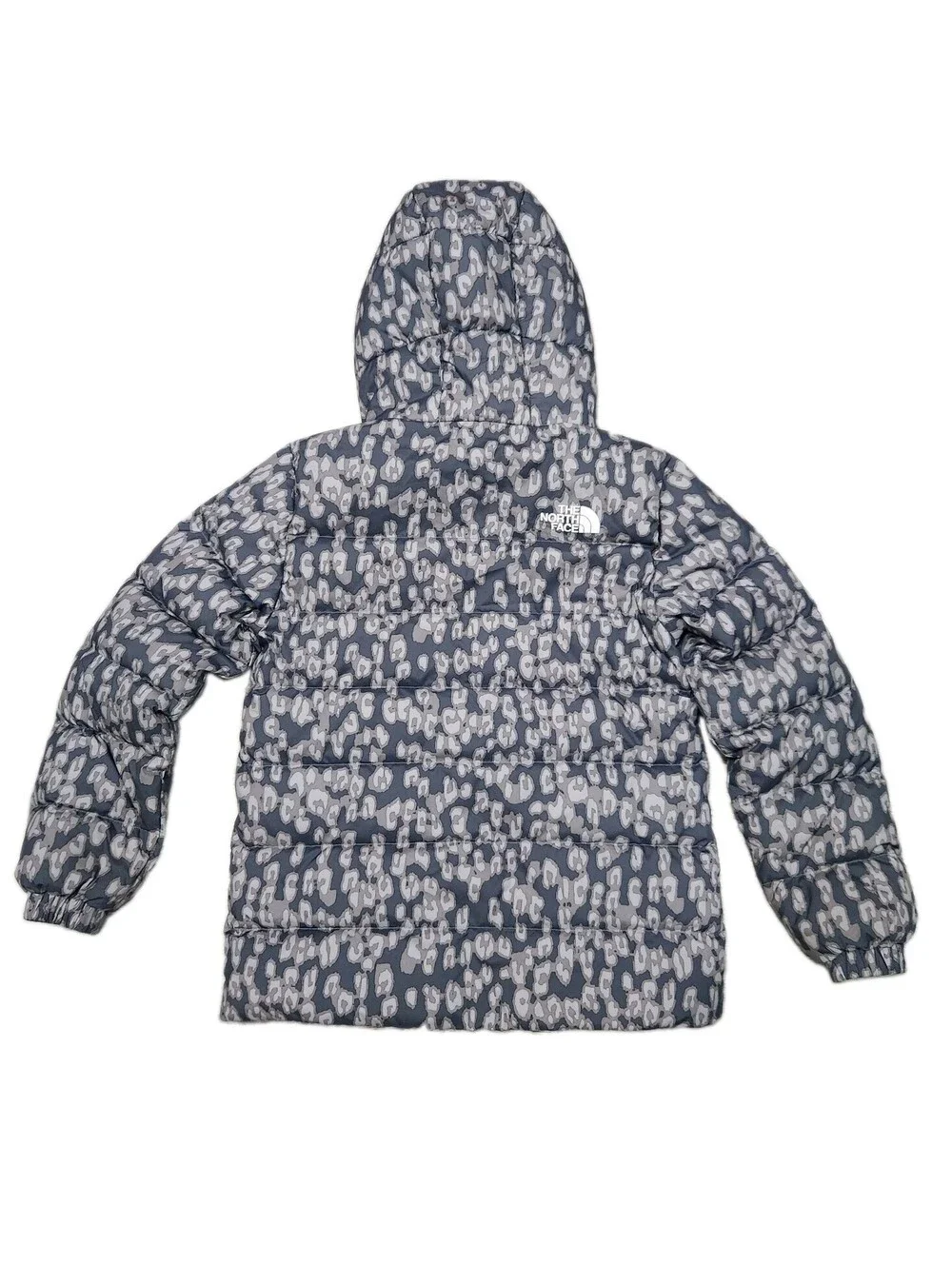 The North Face 550 Down Jacket Kids Size 10/12 Medium Reversible Leopard Grey...